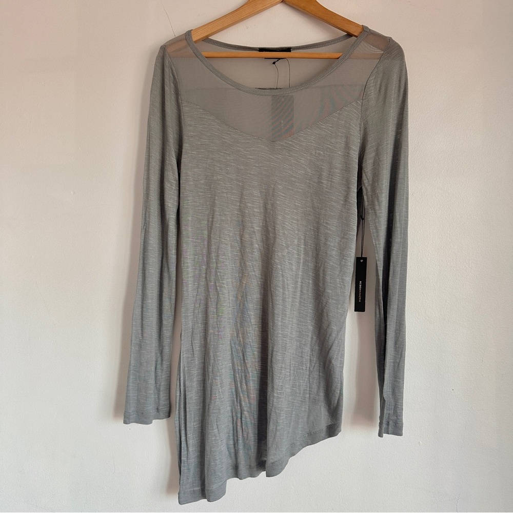 BCBGMAXAZRIA LONG SLEEVE TEE TOP SHEER GARGOYLE GRAY CREW NECK ASYMMETRICAL M